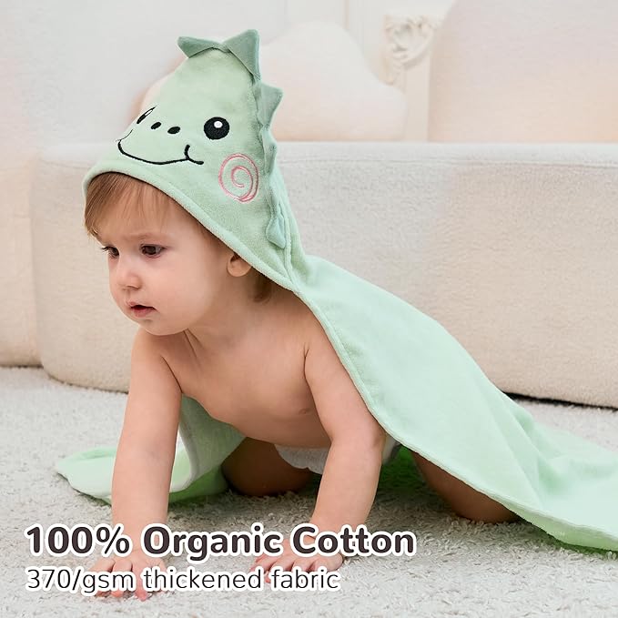 Viviland 2 Pack Hooded Baby Towels, Soft 100% Cotton Baby Bath Towels with Hood, Extra Thick and Absorbent, Essential for Newborns, Kids, Infants - Girls and Boys (Dinosaur & Fox)