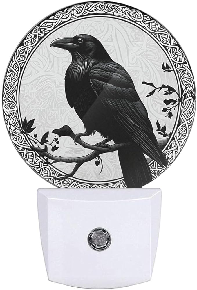 Black Crow on Oak Tree Branch Night Lights Plug into Wall Halloween Night Light Dusk to Dawn Sensor for Bedroom Living Room, LED Lighting 0.5W Sleep Friendly