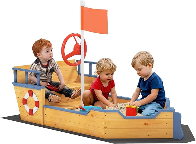 Outsunny Wooden Kids Sandbox, Pirate Ship Outdoor Sandboat with Bench Seats, Storage, Non-Woven Fabric Cloth for Backyard, Lawn, Natural Wood