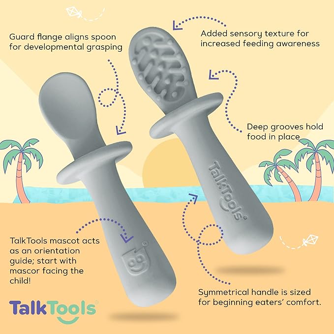 TalkTools ITSY Silicone Baby Plates Set with Suction – Feeding Essentials for Toddlers 6–12 Months+ | BLW Mealtime Set with Twin Spoon, Spill-Proof Sippy Cup | Self-Feeding Utensils (Cloud)