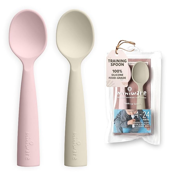Miniware Silicone Baby Spoon for Training - BPA Free Baby Utensils - Baby Spoons Self Feeding 6 Months | 100% Food Grade Silicone - Modern & Dishwasher Safe | Dishwasher Safe (Cotton Candy and Oat)