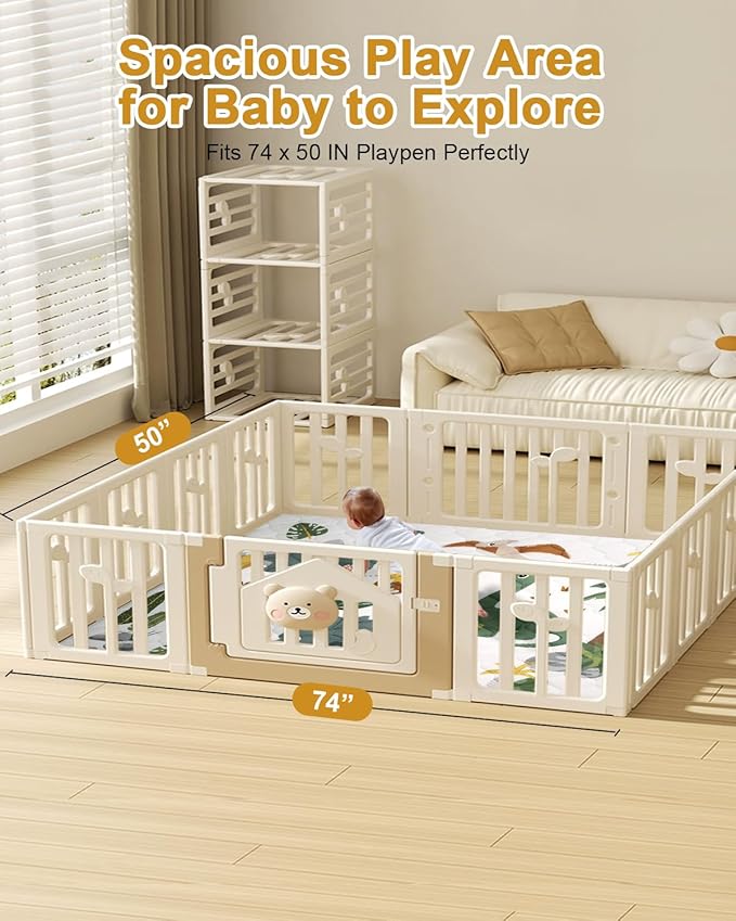 Premium Foam Baby Play Mat 74x50 – Removable & Machine Washable Cover, Extra Thick Padding Playpen Mat, Non-Slip Crawling Mat, Easy to Clean for Infants, Toddlers & Babies