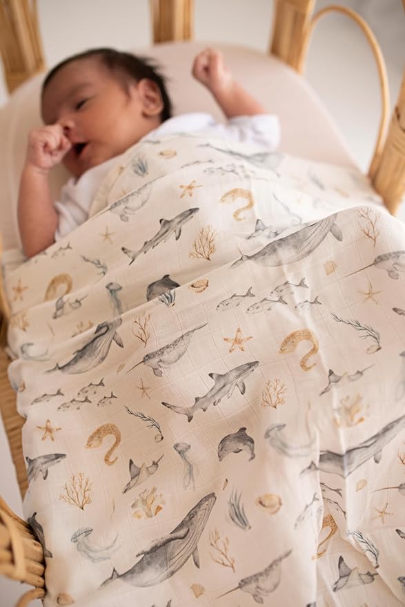 Baby Boy Muslin Swaddle Blankets for Newborns, Ocean Blue 2-Pack, Soft Viscose derived from Bamboo & Cotton Muslin Baby Blankets, 47x43, Breathable Receiving Blankets, Giftable for Newborn