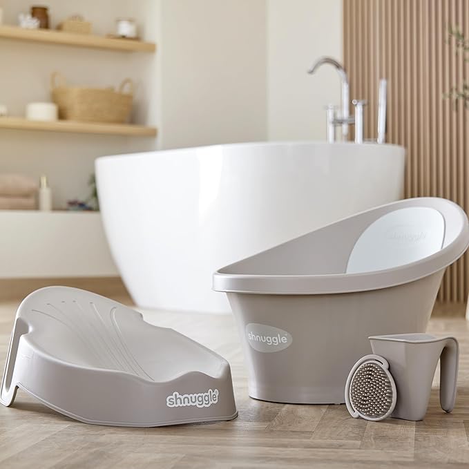Shnuggle Newborn Baby Bath | Built in Support Bump and Soft Backrest | Suitable from Newborn | Bath Seat Support Includes Plug | Taupe