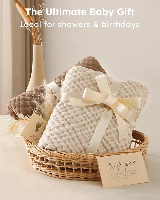 Yoofoss Hooded Baby Towels for Newborn 2 Pack 100% Muslin Organic Cotton Baby Bath Towel with Hood for Babies, Infant, Toddler and Kids, 37.5“x37.5“, Soft and Absorbent Newborn Essential, Beige&Coffee