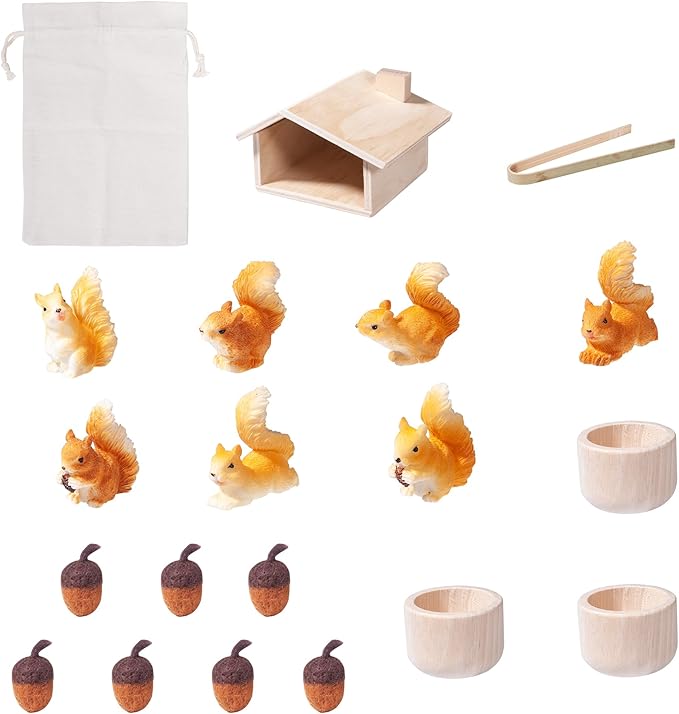 Sorting Stacking Wooden Toys for Toddlers, Squirrel Montessori Toys Toddler Sensory Bin Tool Toy, Wood Squirrel Toy House Fine Motor Skill Early Learning Educational Gift for Kids