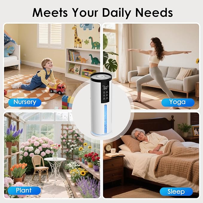 Humidifiers for Bedroom - GloryAir 2.11Gal (8L) Quiet Top Fill Cool & Warm Mist Humidifier Large Room 650 ft² with Humidistat, diffuser, Auto Mode, 7-Color Light for Plants, Baby,Adults, Office & Home