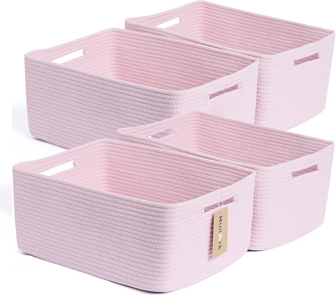 Large Storage Baskets for Organizing, Closet Shelf Baskets for Clothes Blanket Towels, Baby Nursery, Toy Bins Box, Woven Rope Baskets, 17 x 13 x 7.5”, 4 Packs Light Pink