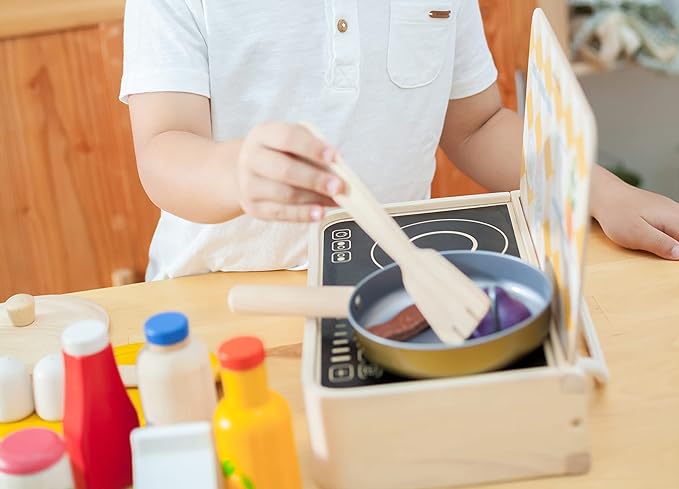 PlanToys Wooden and Metal Cooking Utensils, Pots, & Pans Kitchen Playset (3413) | Sustainably Made from Rubberwood and Non-Toxic Paints and Dyes