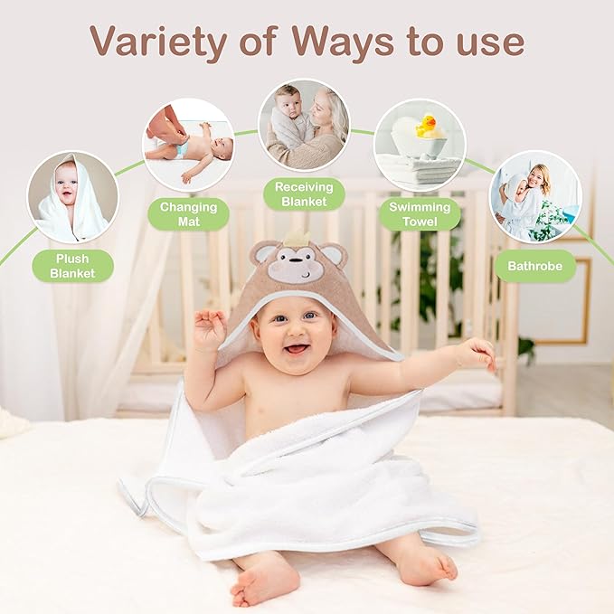Mother's Choice Baby Hooded Towel - Large Size Cotton, Ultra-Soft & Absorbent Bath Towel for Newborns, Infants, Toddlers, Boys & Girls with Animal Hood (Monkey)