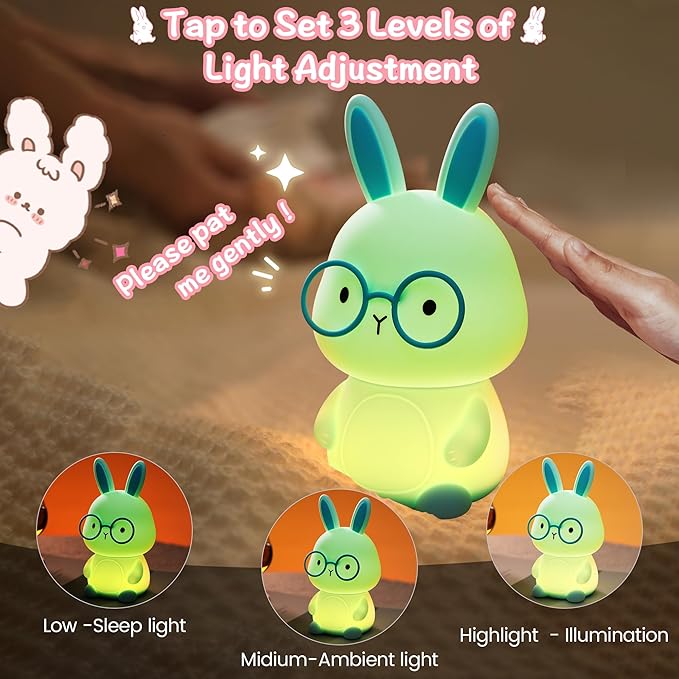 Bunny Night Light for Kids, Soft Silicone Nursery Lamp, 7-Color Glow, 3-Level Dimmable Warm Light, Tap Control, 30Min Timer, Rechargeable, BPA-Free, Easter & Birthday Gift, Baby Room Decor, Green