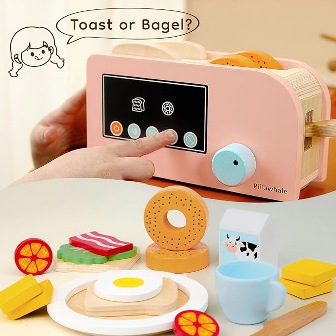 Bagel & Toast Pop-Up Toaster – 18-Piece Wooden Breakfast Playset, Montessori Kitchen Toy Includes Bagels, Bread, Bacon, Veggies & Milk for Kids Ages 3+