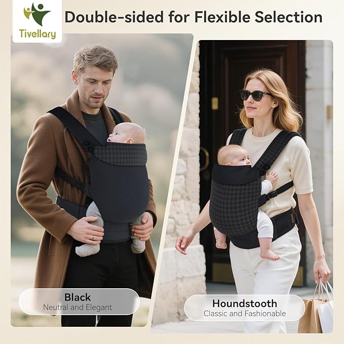 Reversible Baby Carrier – Black Solid & Houndstooth; Lightweight & Breathable Lyocell Fabric; Ergonomic Lumbar Support and Quick Hands-Free Wear for Newborn to Toddler (7–44 lbs)