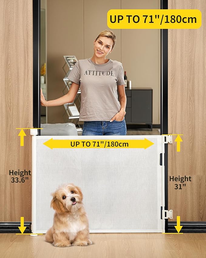 Retractable Baby Gate for Stairs – 33” Height, Expands up to 71” Width – Safety Gate for Infants, Toddlers, Dogs & Pets – Easy Install, Secure Closure, White Mesh Design for Indoor & Outdoor Use