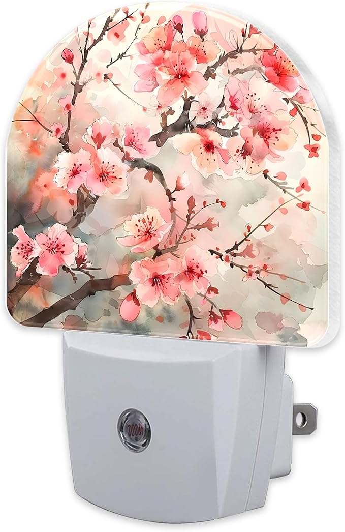 Cherry Blossom Tree Night Light Plug into Wall,Pink Watercolor Cherry Blossom Flowers Dusk to Dawn Night Light Plug in,0.5w Energy Saving NightLight for Kids Boys Girls Home Decor
