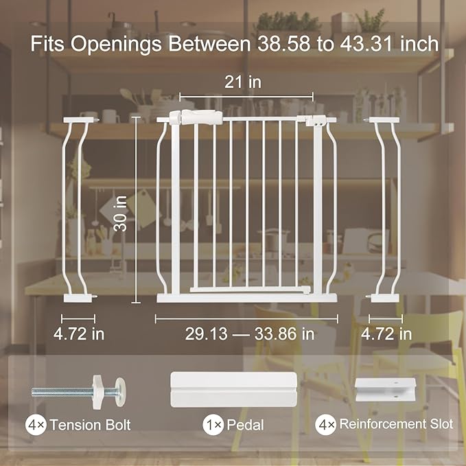 Baby Gate for Stairs No Drill 38.58-43.31 Inch, Pressure Mounted Metal Child Safety Dog Gates for Doorways, Walk Through Pet Indoor Auto Close, White