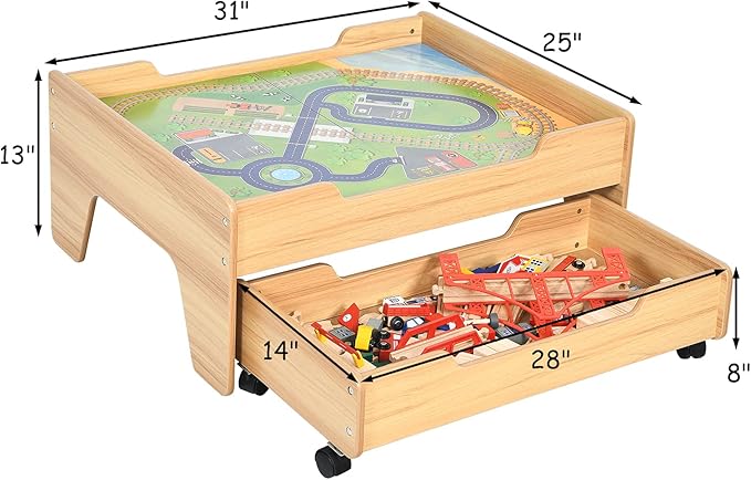 GLACER 100 Pieces Train Table, Wooden Activity Table with Storage Drawer, Tracks, Vehicles, Buildings, Wheels, Multipurpose Painted Train Table Set for Toddlers 3-5+, Gift for Boys Girls