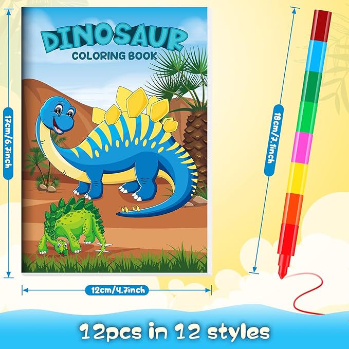 BenLouis 12 Dinosaur Mini Coloring Books Kids with 12 Stacking Crayons Dino Party Favors Small Activity Books Bulk for Kids Jurassic Party Gift Goodie Bag Stuffers