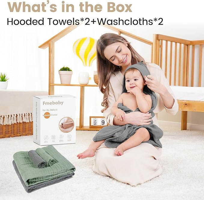 Hooded Baby Towels for Newborn, 2 Pack 36x36Inch Muslin Cotton Baby Bath Towel and 2 Pack 12x12Inch Washcloth Set with Hood for Babies, Toddler and Kids, Essentials Must Haves(Green and Deer)