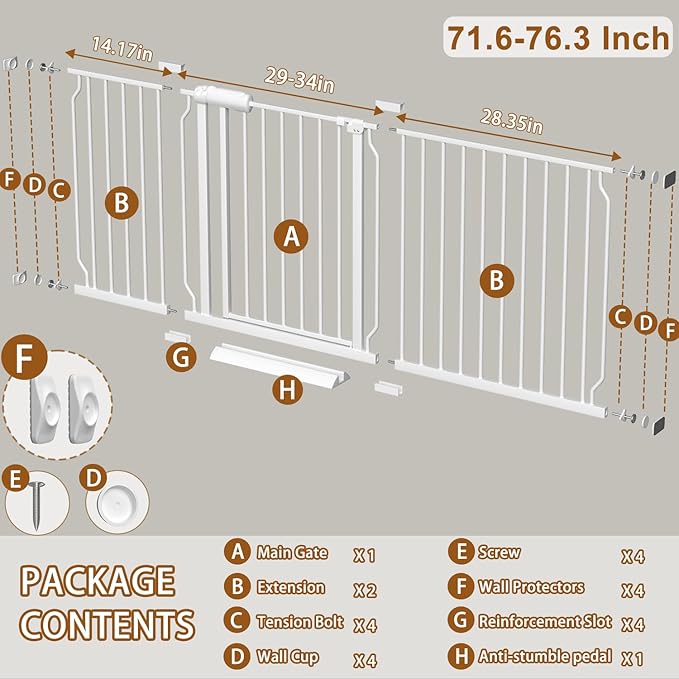 Fairy Baby Extra Wide Baby Gates 71.7-76.3 Inch, Auto Close Child Safety Gates for Stairs Banister Doorways Hallway,Indoor Safety Child Gates for Kids or Pets