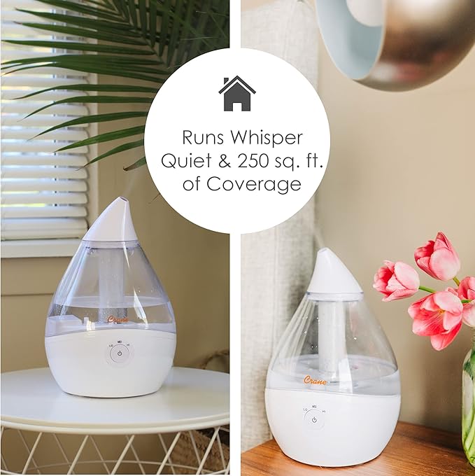 Crane Ultrasonic Teardrop Humidifier for Baby, Cool Mist, Auto Shut off, Adjustable Humidity, for Nursery, Bedroom, Clear and White, 0.5 Gallon