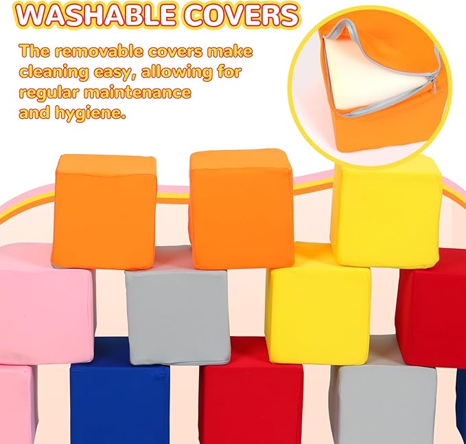 Foam Blocks for Toddlers, 12 Pieces Soft Building Blocks for Kids, Large Foam Cubes Colourful Stacking Block Sets - Throw & Play Toys with Washable Cover(Pink, Dark Blue, Yellow, Orange, Red, Gray)