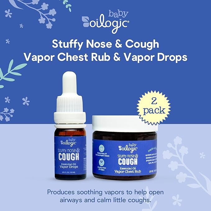 Oilogic Stuffy Nose & Cough Baby Essentials - Baby Humidifier Vapor Drops for Diffuser & Humidifier & Chest Vapor Rub - Gentle Essential Oil Blends Soothe Cough & Stuffy Noses & Support Restful Sleep