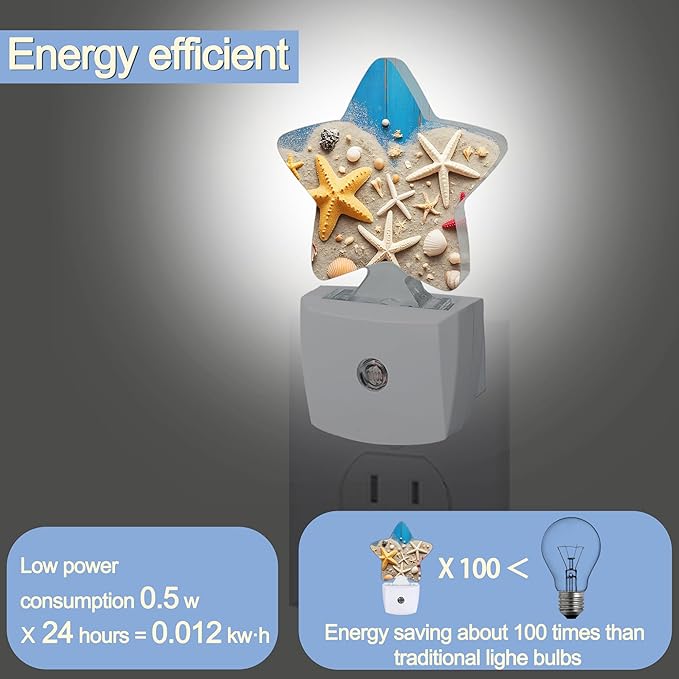 Coastal Seashell Starfish Night Lights Plug Into Wall,Blue Wooden Star Night Light for Kids,Nightlight with Dusk to Dawn Smart Sensor for Bedroom Bathroom Decor,Children Women Men Gift