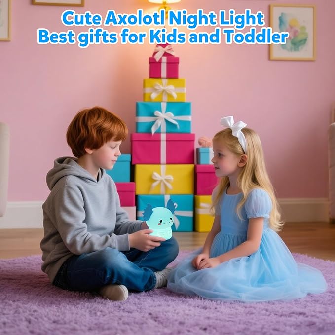 Axolotl Night Light for Kids, 7-Color Changing & 3 Adjustable Brightness Levels,Rechargeable Silicone Bedside Lamp, Animal Night Lamp for Kids Room,Gift for Boys & Girls,Axolotl Nightlight