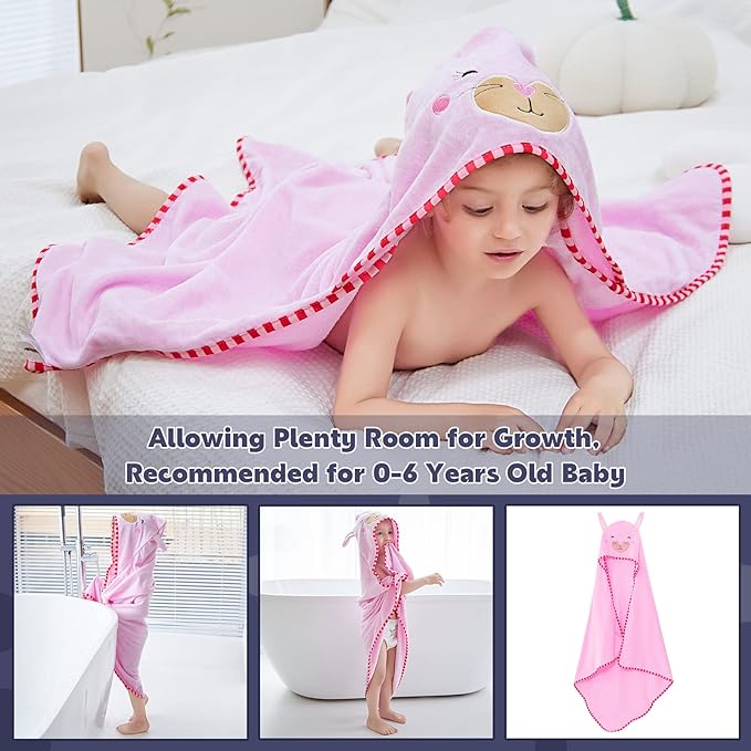 MICHLEY Animal Face Hooded Baby Towel Cotton Bathrobe for Boys Girls 0-6 Year Light Pink