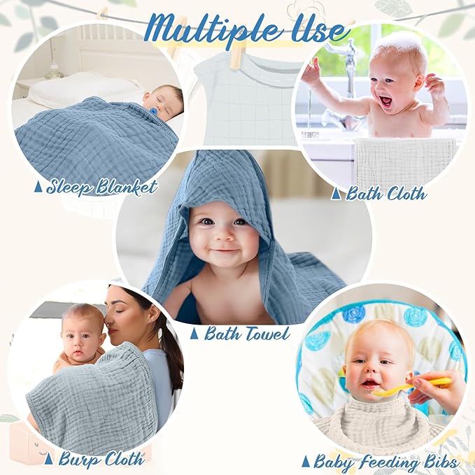 VitalCozy 8 Pcs Baby Muslin Hooded Bath Towels and Washcloths, 32 x 32 Inch Muslin Cotton Hooded Baby Towels Absorbent Hooded Blankets for Gift Newborn Infant Shower (Blue,White)