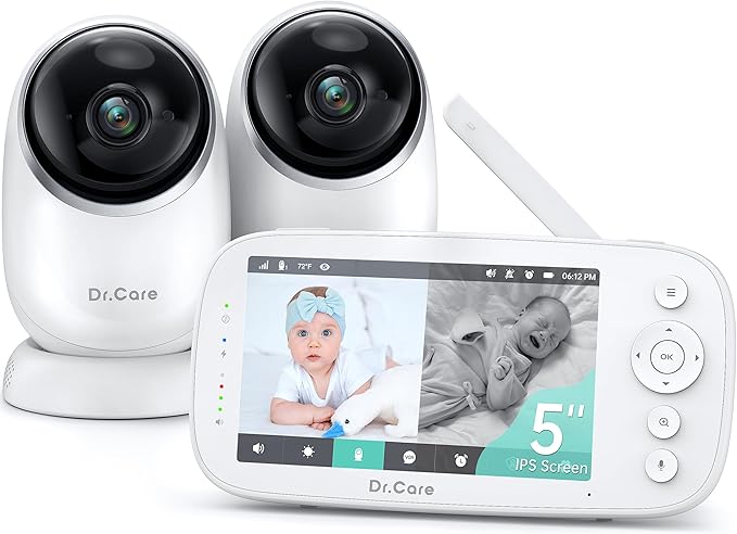Dr.Care NovaView Video Baby Monitor with 2 Cameras - 5" 1080P Split Screen Display, 5000mAh Battery, Night Vision, Real-Time/VOX, 2X/4X Zoom, Pan & Tilt, 1000ft Range, 2-Way Audio, No WiFi