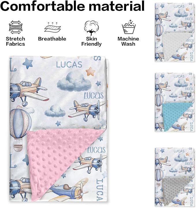Personalized Infant Swaddle Blanket – Soft Flannel with Double-Layer Dotted Backing – Aircraft and Hot Balloon Design