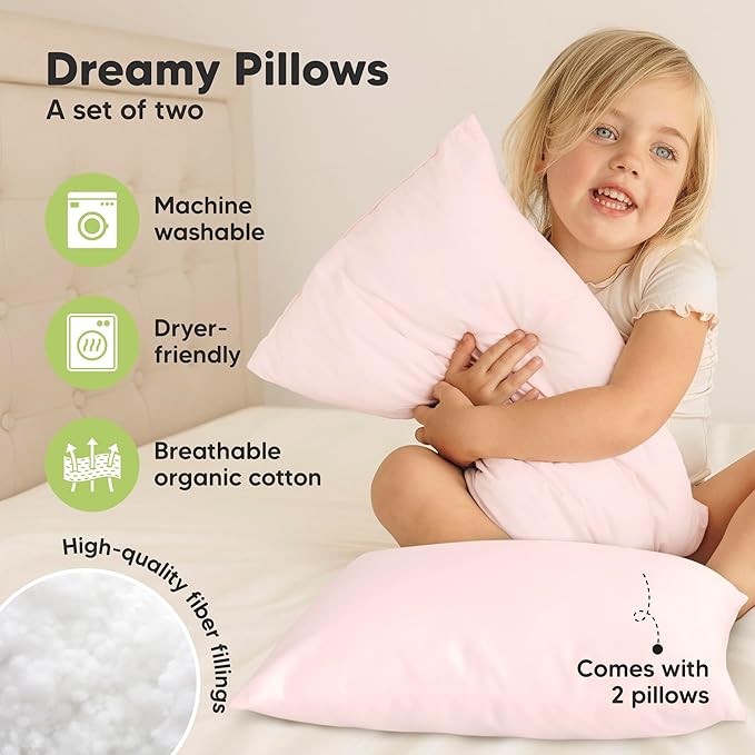 KeaBabies 2-Pack Toddler Pillow 13x18 - Soft Organic Cotton Kids Travel Bed Pillows for Sleeping, School, Nap, Machine Washable, Toddlers 2 to 5, Pillowcase Sold Separately (Mist Pink)