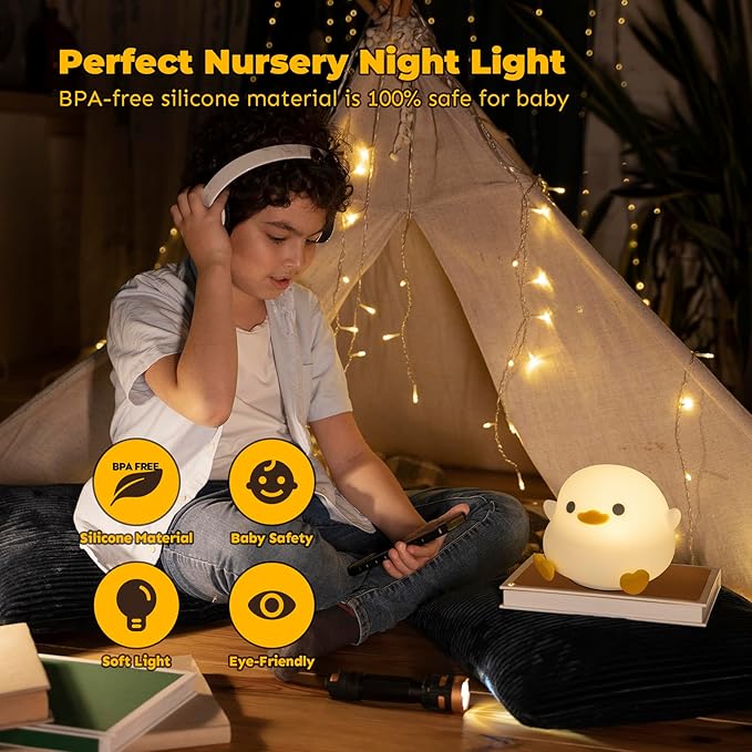 LED Squishy Animal Night Light - 2 Level Dimmable Nursery Lamp for Kids, Rechargeable Touch Lamp, Cute Dorm Decor - Perfect Baby Boys Girls Gift (Pea Duck)