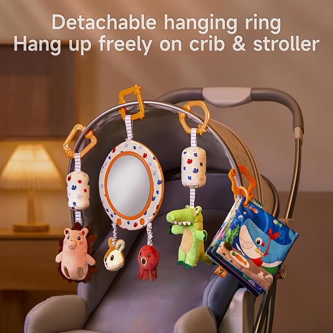 TUMAMA Car Seat Toys 3 6 9 12 Months, Plush Animal Rattle Mirror Soft Crinkle Book Baby Enlightenment Toy Set, Newborn Crib Stroller Play Gym Hanging Toys