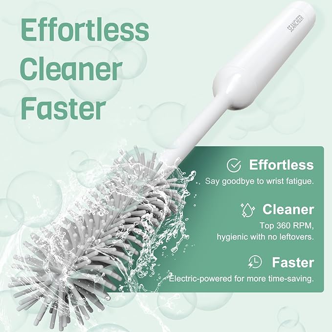 SEANCHEER S02 Electric Bottle Brush Set, Portable Baby Bottle Brush Cleaner, AA Battery-Powered & IPX7 Waterproof, with Silicone Bottle/Nipple/Sponge/Straw Brush, for New Parents (Extra-Long)