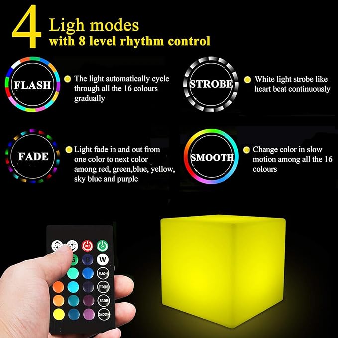 14-inch LED Cube Light, Rechargeable Glowing LED Low Chair w/Remote, 16 Changing Colors Cube Mood Floor Lamp, Waterproof Square Table/Seat Mood Lighting for Home Garden Patio Party Decor