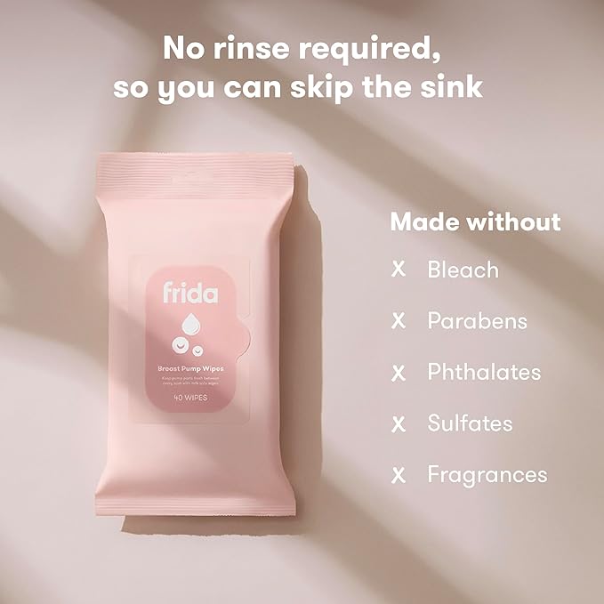 Frida Mom Breast Pump Wipes, Multi-Surface Cleaner, Removes Breastmilk Residue, Made with Food-Grade Ingredients, Baby and Milk Safe, Travel Essential for Breastfeeding Moms, 40 Count