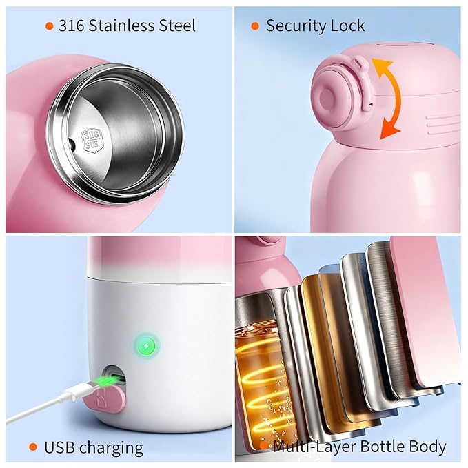 Portable Bottle Warmer, Large 12oz Capacity with Dual Heating Modes for Breast Milk & Water, Smart Temperature Control, Long Battery Life, Bottle Warmer for Outdoor, Airplane & Car Travel, Pink