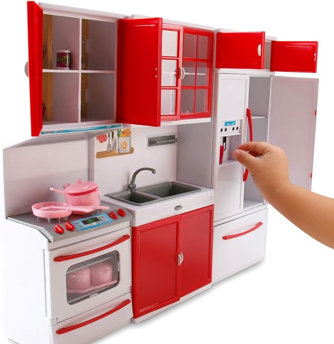 Gourmet Red Doll Modern Kitchen Mini Toy Playset with Lights and Sounds, Perfect for 12 Inch Dolls