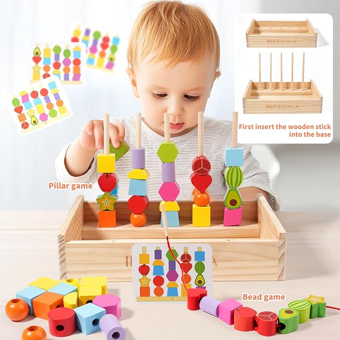 Toddler Learning Montessori Toys for 3 4 5 6 Year Old,Rainbow Stacking & Lacing Beads & Matching Shape Stacker - Wooden Peg Board Beads Sequencing Toy Set - Fine Motor Skills Toys