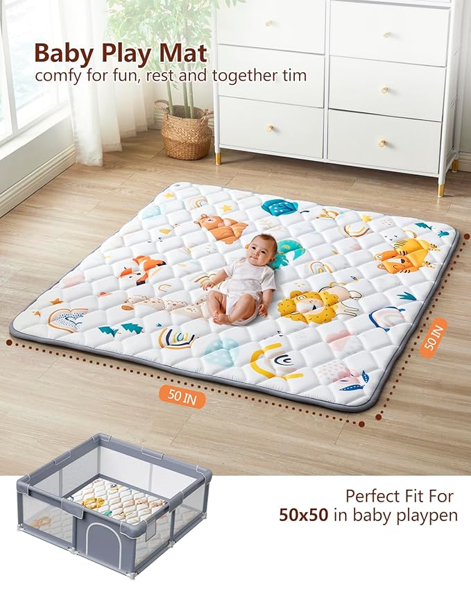 Baby Play Mat 50"x50", Non-Slip Baby Mat for Floor, Soft Thicker Playpen Mat, Portable Playmat, Crawling Mat for Babies, Toddlers & Infants to Play and Learn（Animal）