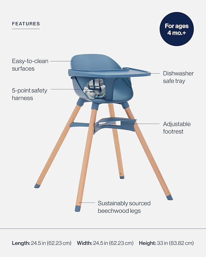 Lalo The 3-in-1 High Chair Kit - Convertible Wooden High Chair for Babies & Toddlers with Infant Support, Cushion, Booster Conversion Kit & Play Legs, Adjustable Footrest - Blueberry