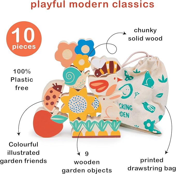 Mentari Toys - Happy Stacking Garden - 9 Wooden Nature Theme Pieces Stacking Toy - Boost Fine Motor Skills and Dexterity - Age 18 Months+