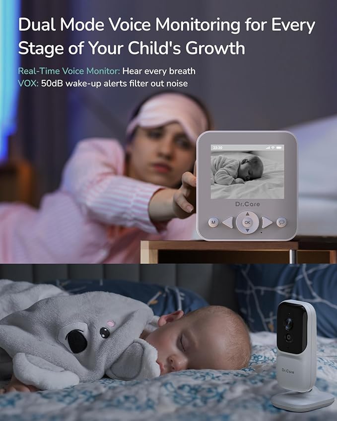 Dr.Care NeoView Video Baby Monitor with 2 Cameras, 2.8” Screen, 2-Way Audio, Video Loop Recording, Night Vision, Real-Time/VOX Monitoring, Temperature Sensor, Lullabies, Belt Clip Design