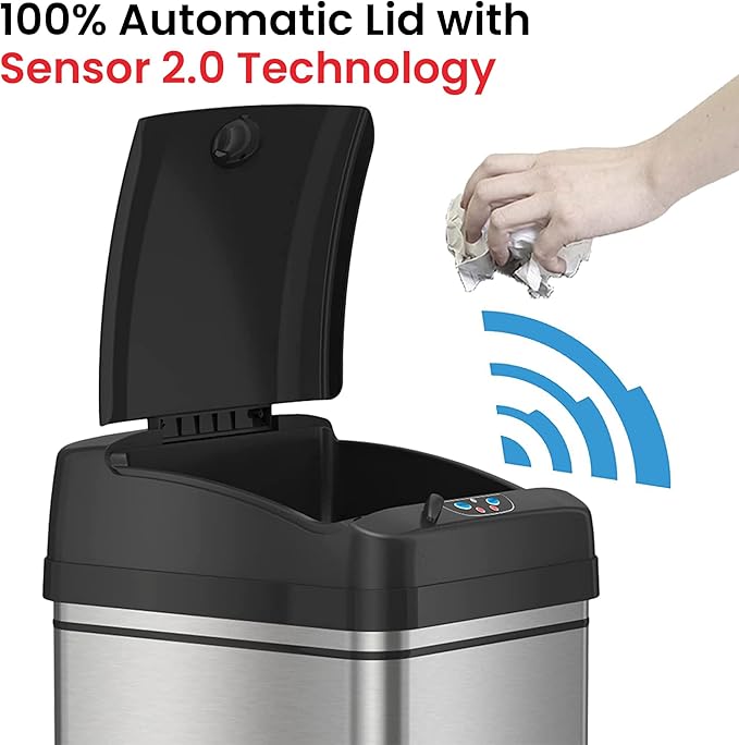iTouchless 50 Liter / 13 Gallon Sensor 2.0 Dog-Proof Kitchen Trash Can with Lid Lock and AbsorbX Odor Filter, Touchless Lid, Stainless Steel Garbage Recycling Bin for Kitchen, Home, Office, Business