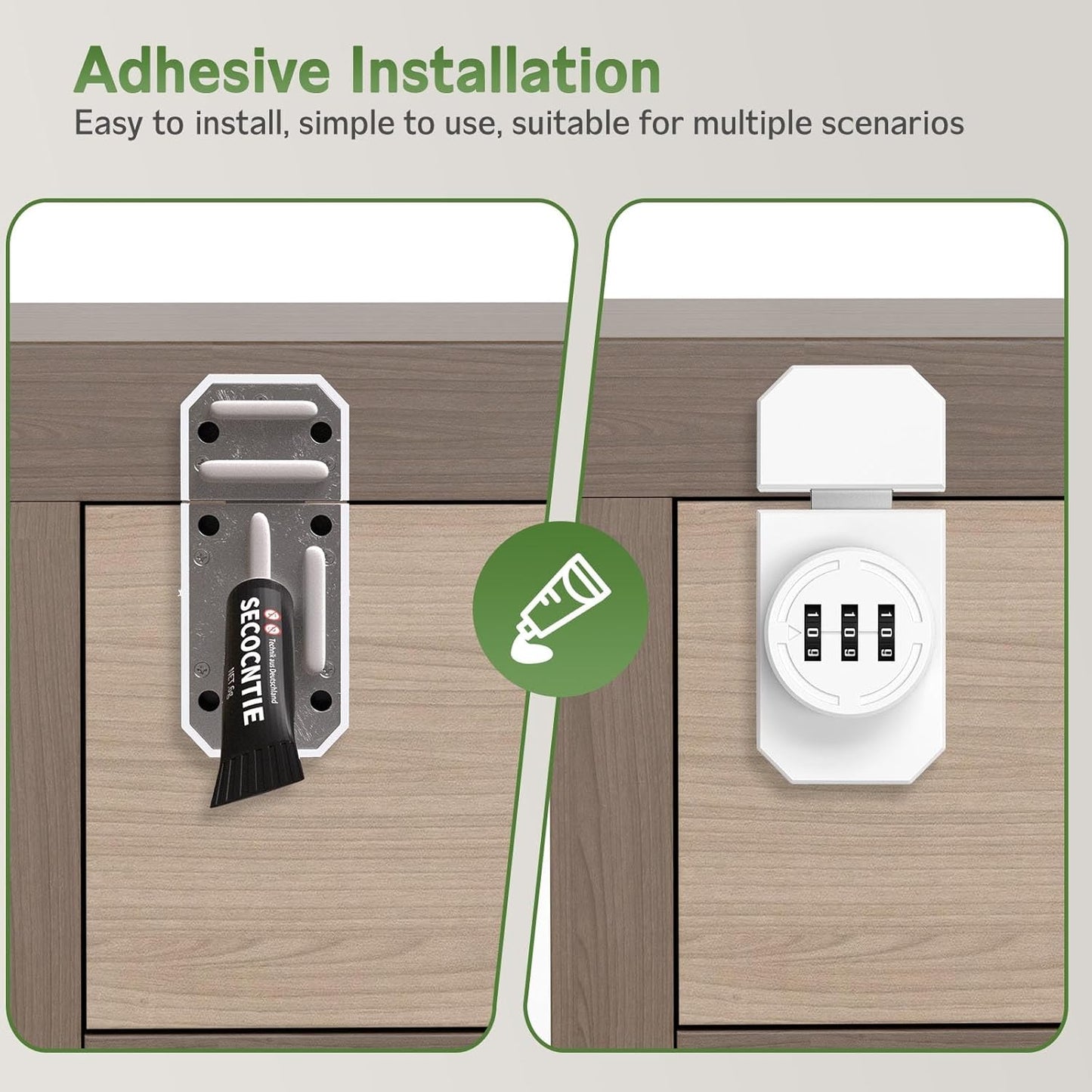 Keyless 3-Digit Combination Lock, Mechanical Stick-on Drawer Latch, Security Adhesive Cabinet Lock for Closet & Barn One-Way Doors (2, White)