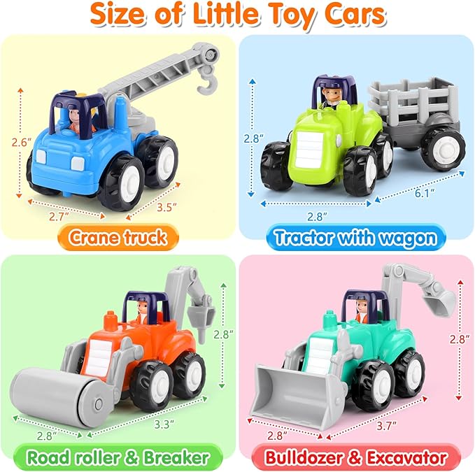 Inertia Trucks Toy Cars, Early Educational Baby Boy Toys 18 Months, Push and Go Cars Gifts for Boys & Grils, 4PCS Construction Vehicles for Toddler Outdoor & Indoor