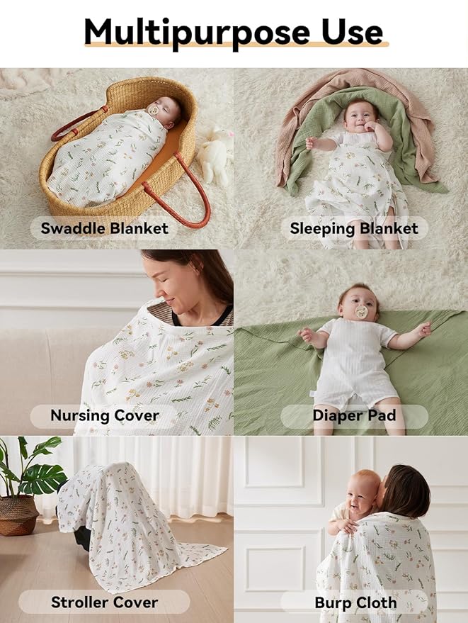 TILLYOU 3 Pack Muslin Swaddles for Newborns Baby Blankets for Girls Boys Cotton Swaddle Blankets 40"x40", Daisy